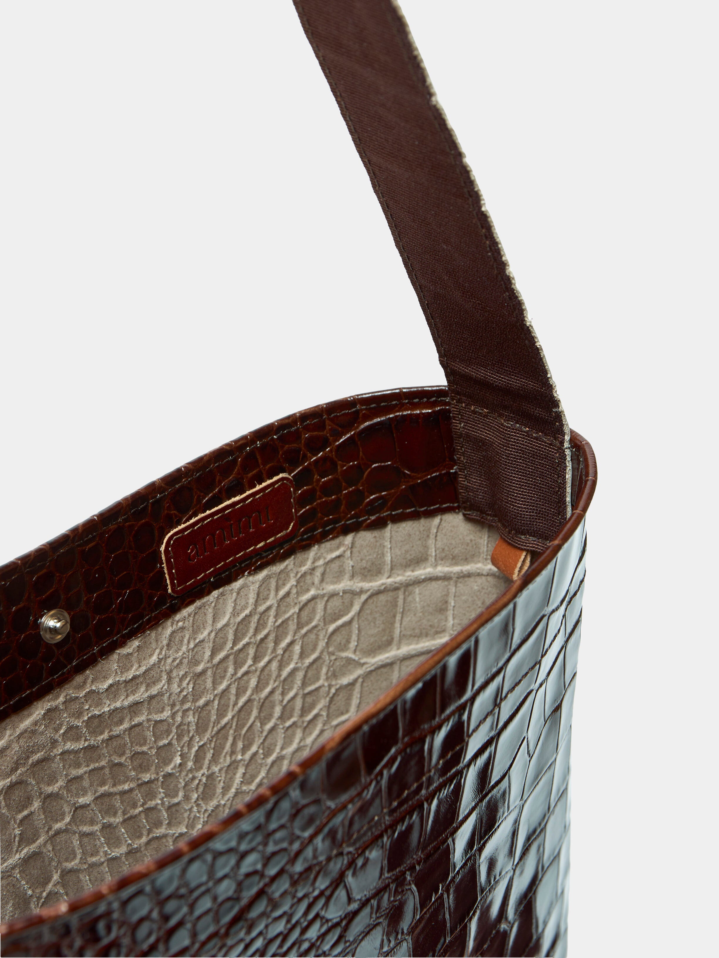 Lea Bag Maxi Cocco Chocolate dettaglio interno fodera e clip in pelle stampa cocco Amimi Milano