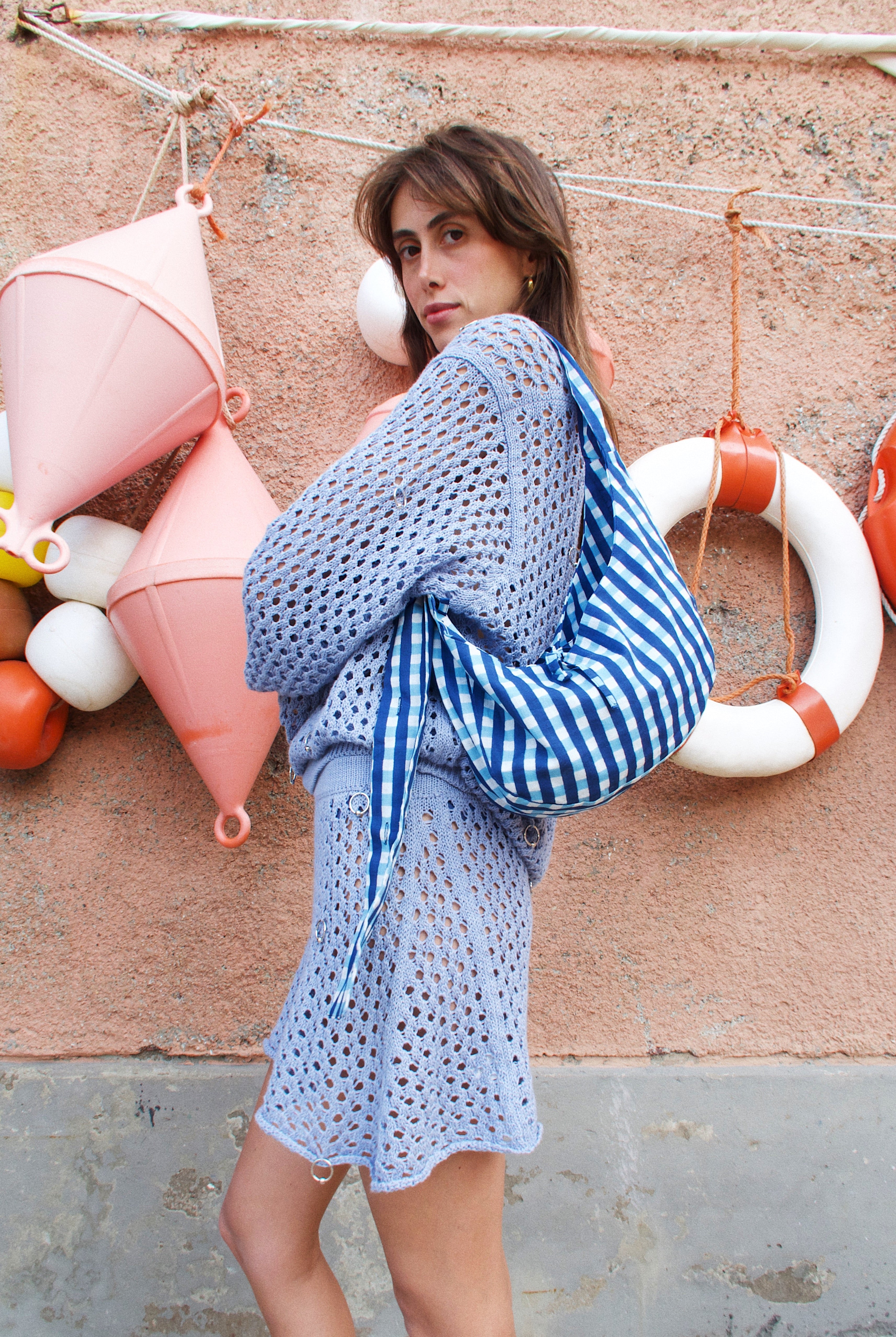 Nina Bag Checks Navy Blue in cotone Amimi Milano
