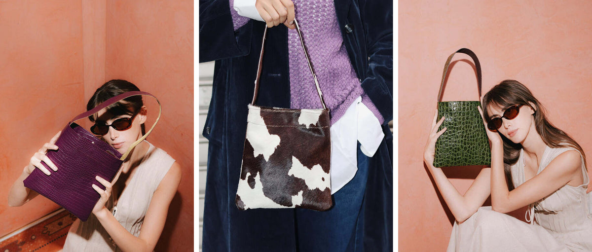 Lea Bag Cocco Purple, Brown & White Pony e Cocco Green indossate — Amimì Milano