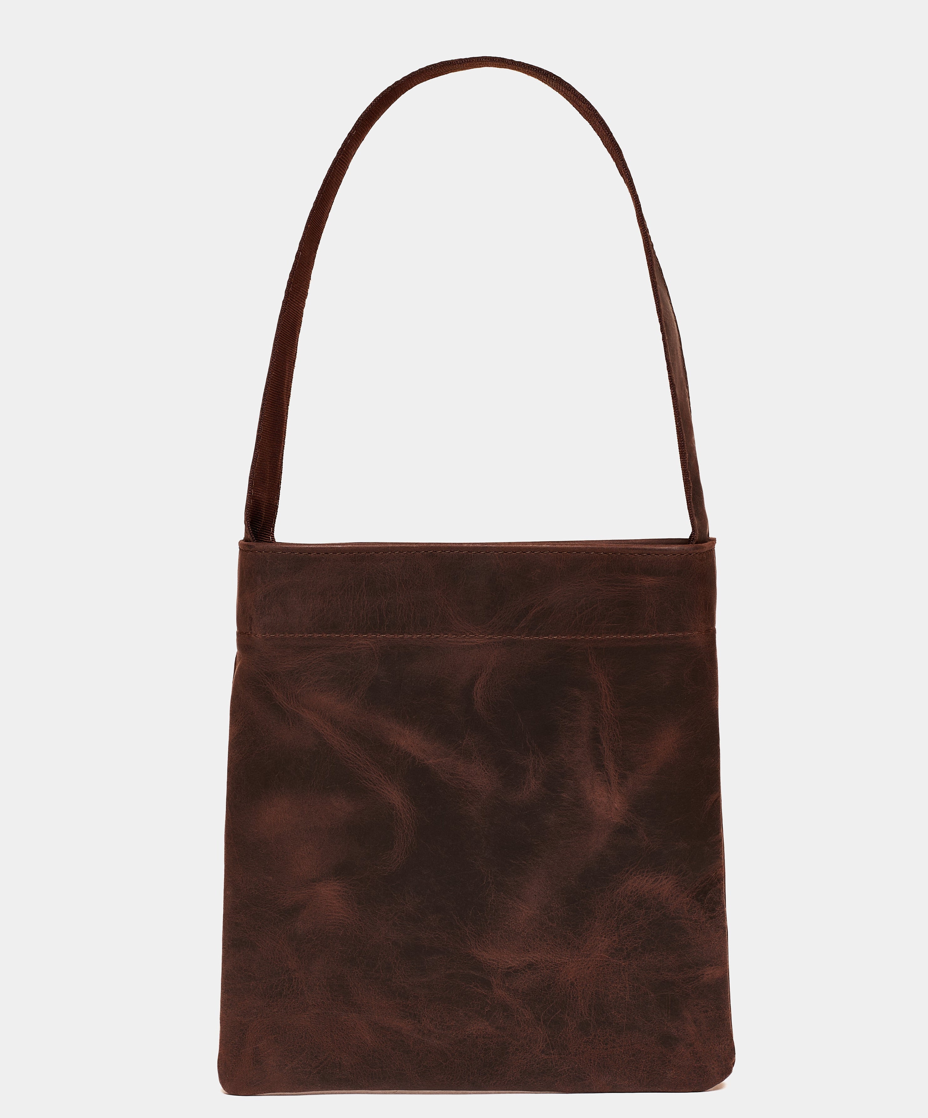 Lea Bag Smooth Brown Leather borsa a spalla in pelle liscia marrone, vista frontale, Amimi Milano